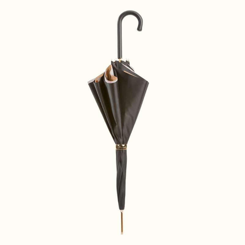 Tartan-Lined Black Umbrella with Leather Handle, Double Cloth