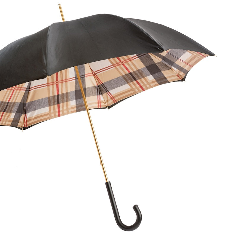 Tartan-Lined Black Umbrella with Leather Handle, Double Cloth