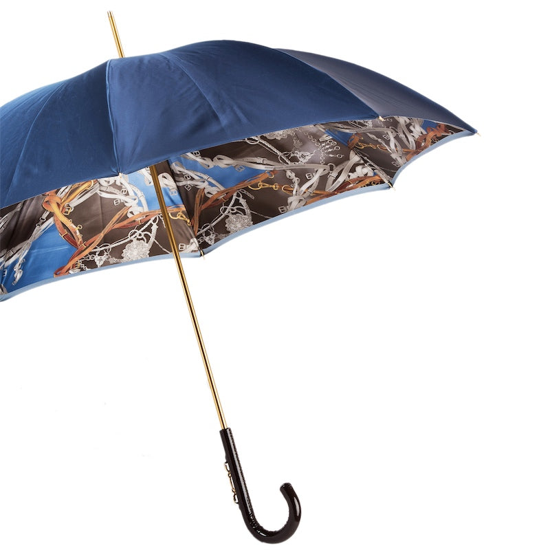 Navy Umbrella with Bridles Print, Double Cloth