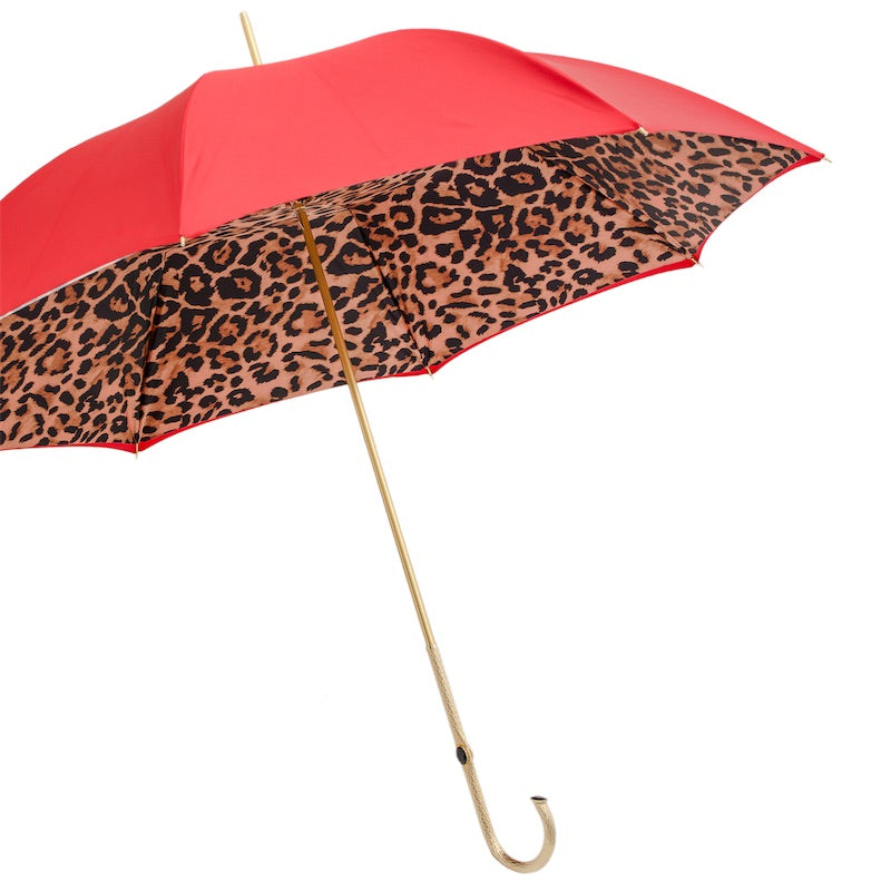 Red Leopard Print Umbrella, Double Cloth