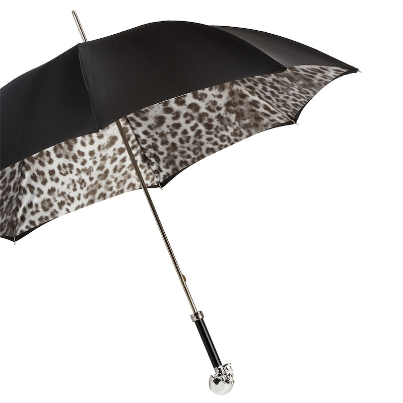 Black and White Animalier Umbrella with Silver Skull Handle, Double Cloth