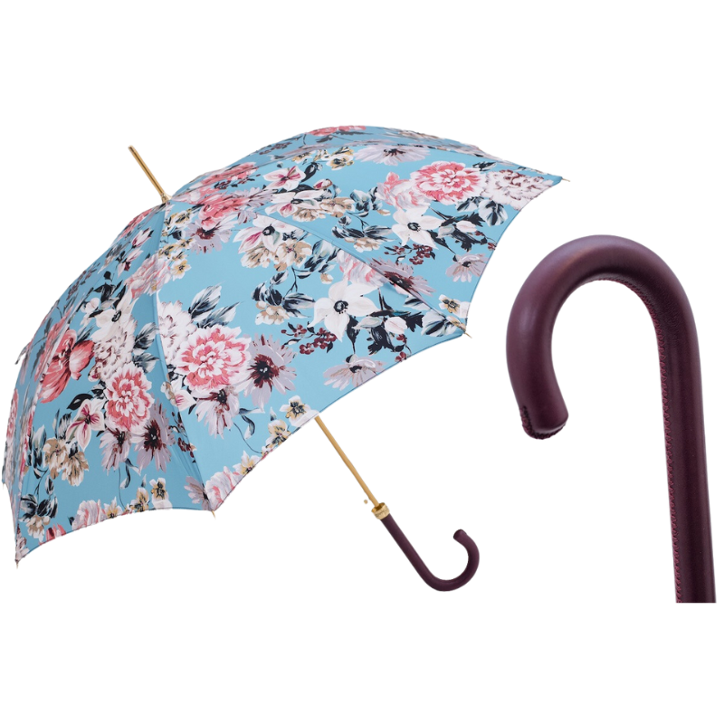 Flowered Umbrella with Burgundy Leather Handle