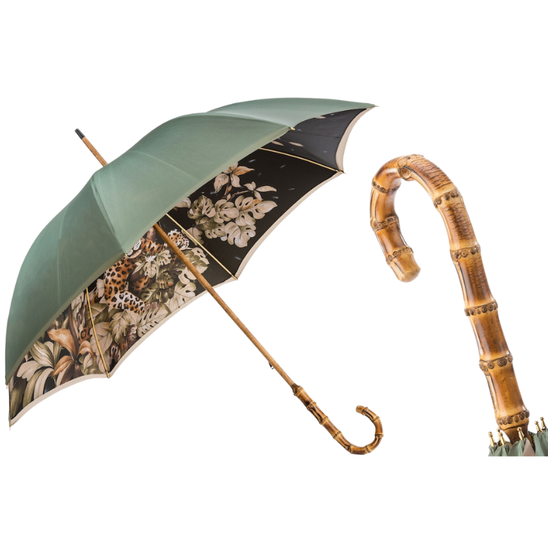 Leopard Umbrella with Wonderful Interior and Bamboo Handle, Double Cloth