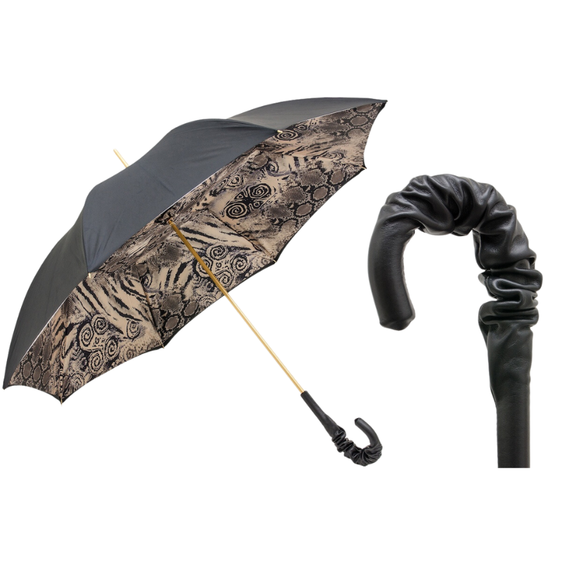 Snake Print Umbrella with Ruched Leather Handle