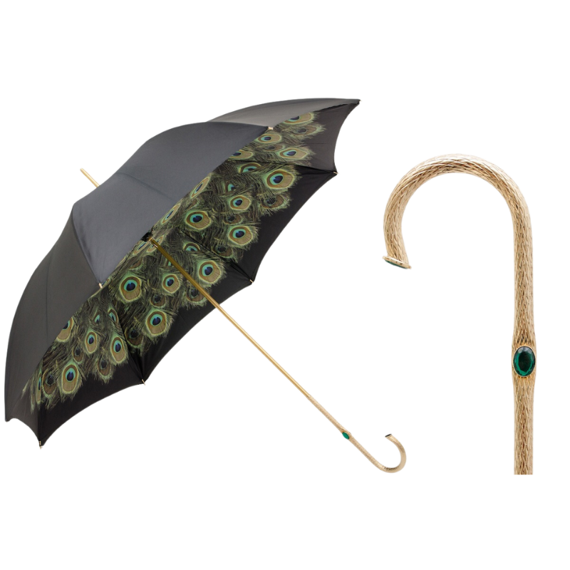 Black Umbrella with Peacock Interior, Double Cloth