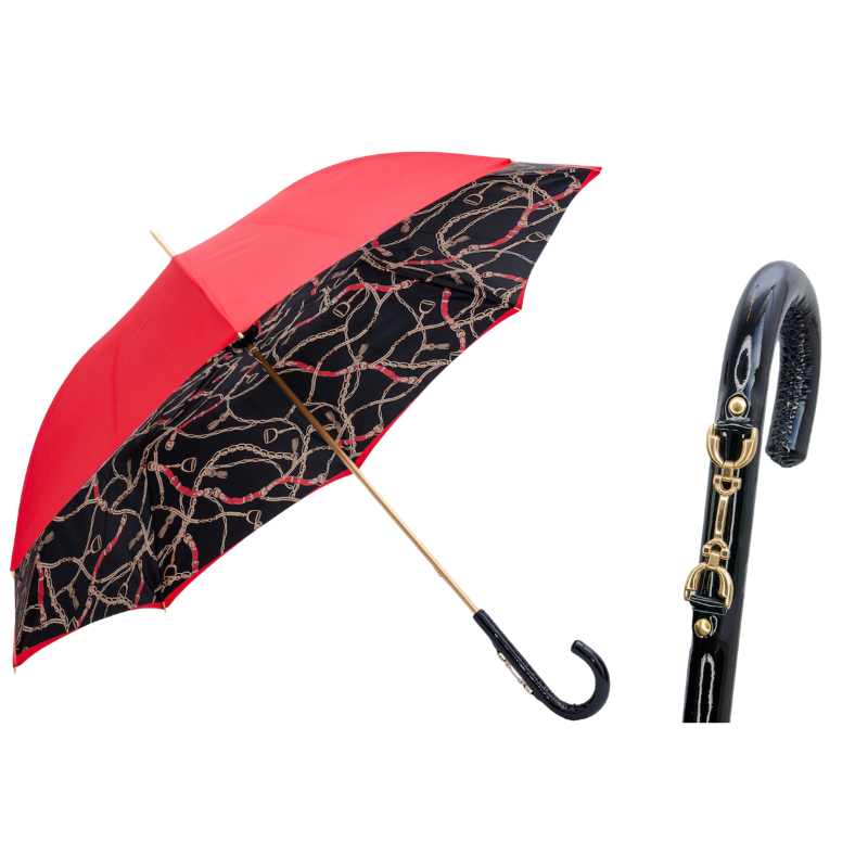 Red Umbrella with Bridles Print, Double Cloth