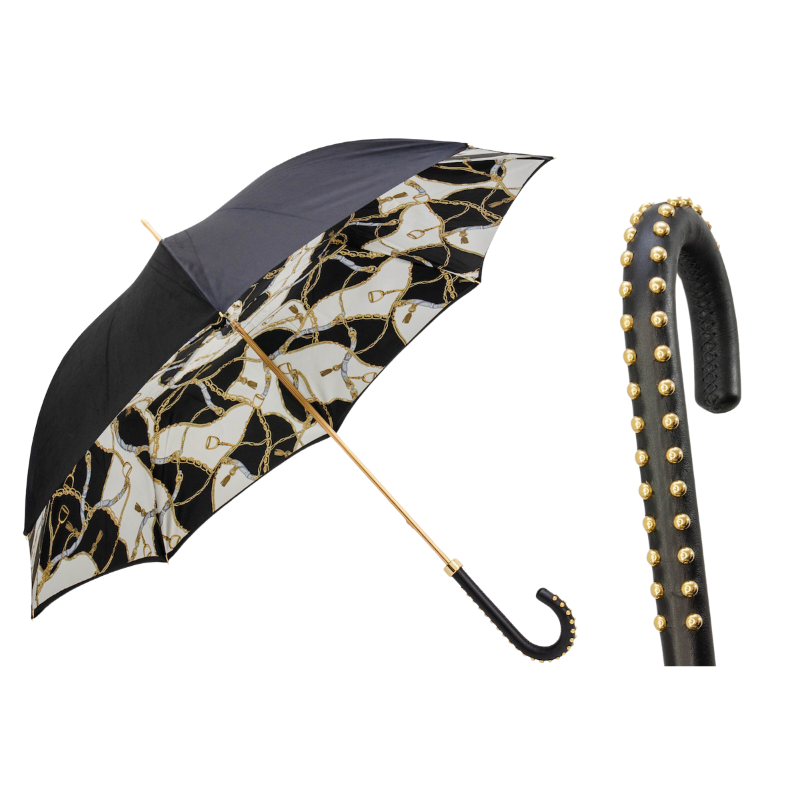 Black Umbrella with Bridles Print, Double Cloth