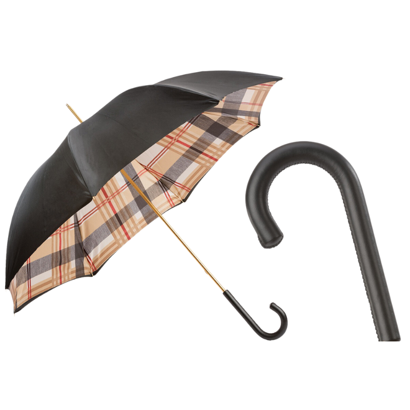 Tartan-Lined Black Umbrella with Leather Handle, Double Cloth