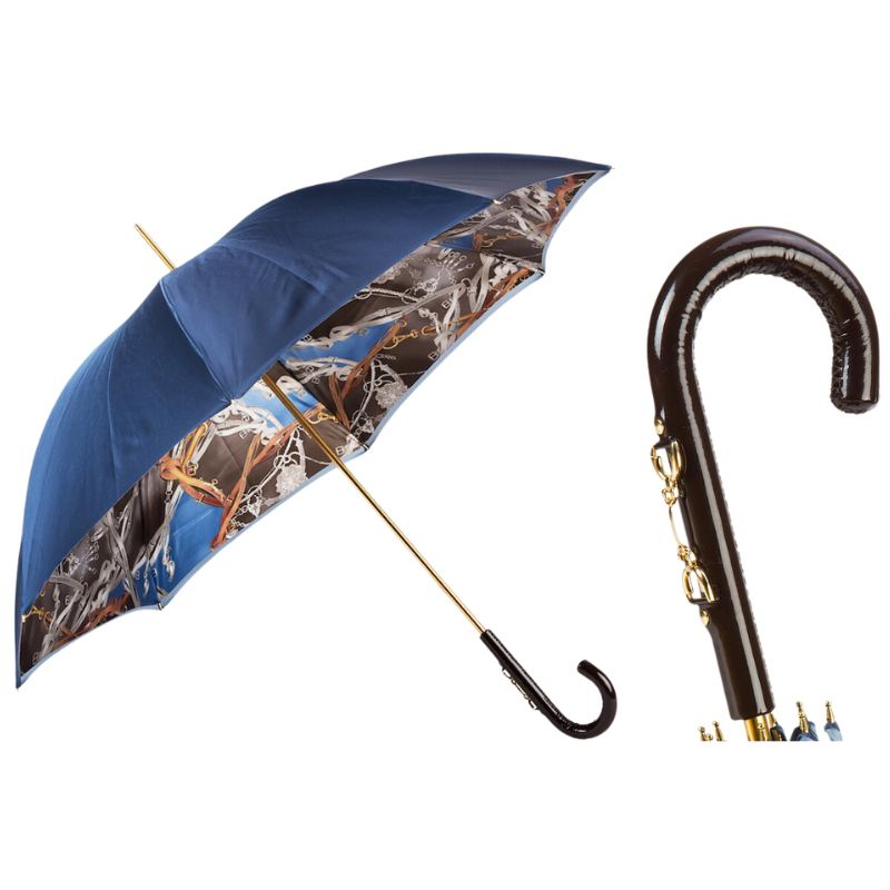 Navy Umbrella with Bridles Print, Double Cloth