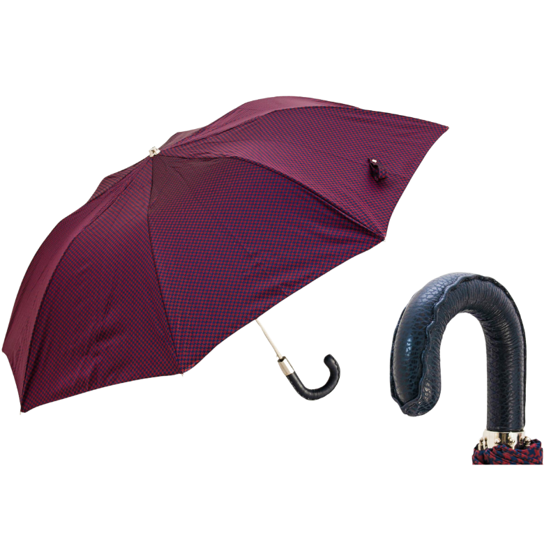 Red & Navy Pied de Poule Folding Umbrella