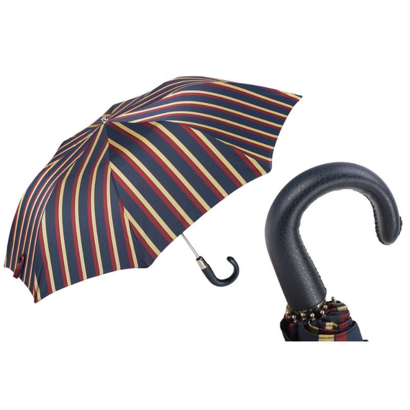 Striped Folding Umbrella, Leather Handle