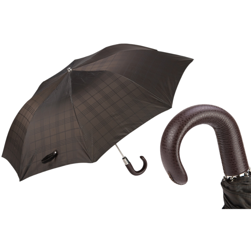 Brown Check Folding Umbrella with Leather Handle