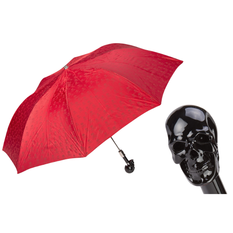 Red Folding Umbrella with Black Skull Handle