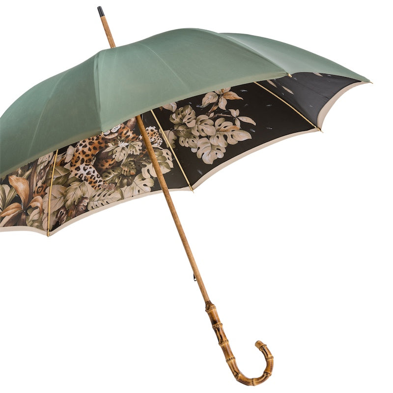 Leopard Umbrella with Wonderful Interior and Bamboo Handle, Double Cloth