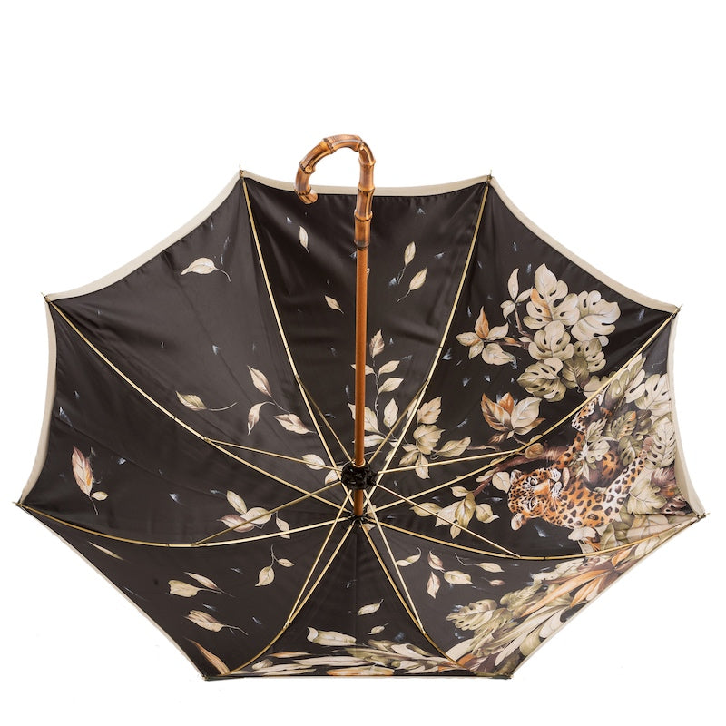 Leopard Umbrella with Wonderful Interior and Bamboo Handle, Double Cloth