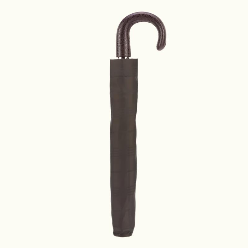 Brown Check Folding Umbrella with Leather Handle