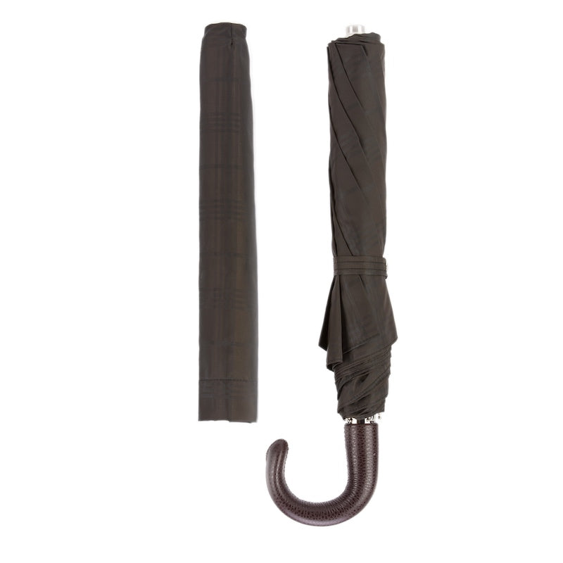 Brown Check Folding Umbrella with Leather Handle