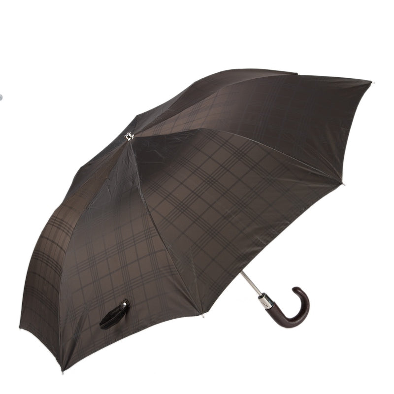 Brown Check Folding Umbrella with Leather Handle