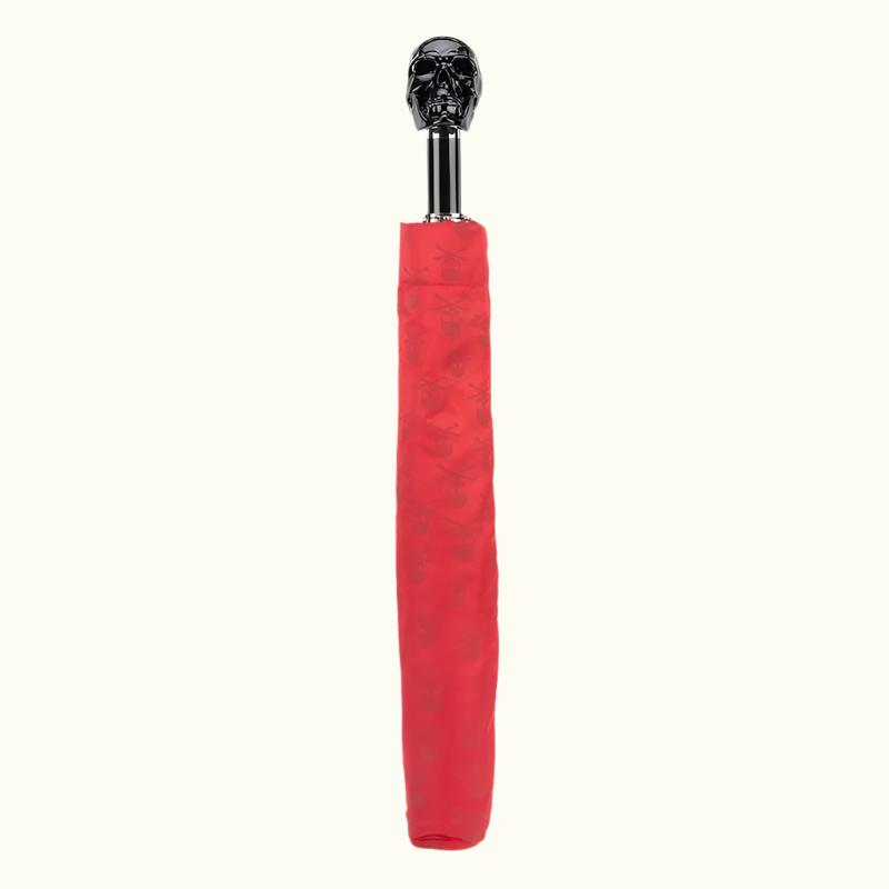 Red Folding Umbrella with Black Skull Handle