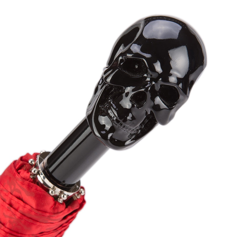 Red Folding Umbrella with Black Skull Handle