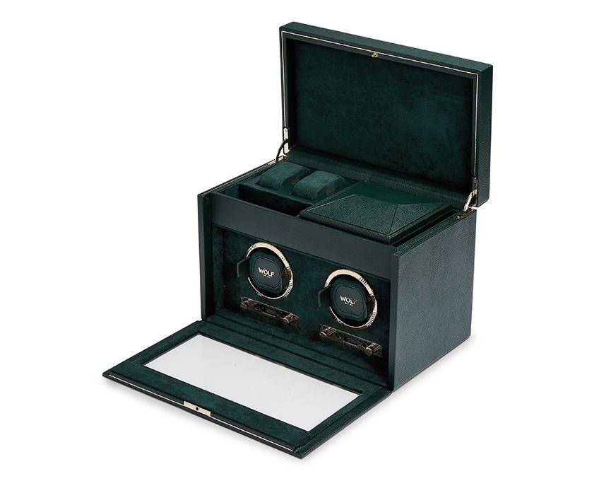 BRITISH RACING DOUBLE WATCH WINDER WITH STORAGE GREEN