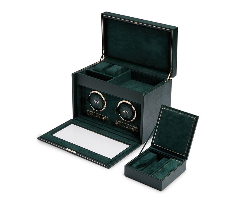 BRITISH RACING DOUBLE WATCH WINDER WITH STORAGE GREEN