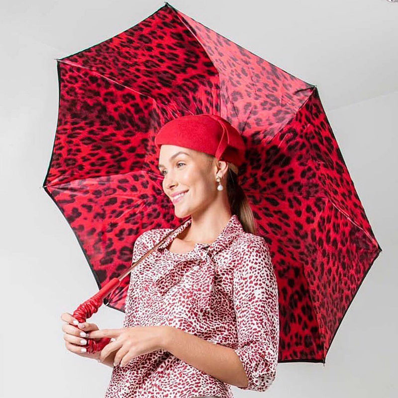 Red Leopard Print Umbrella, Double Cloth