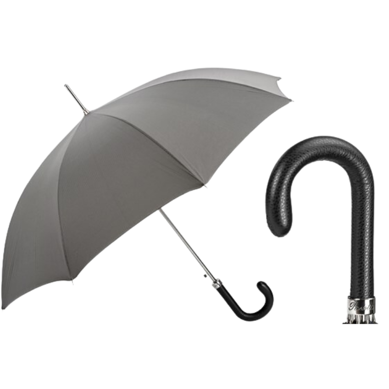 Elegant Grey Umbrella, Leather Handle