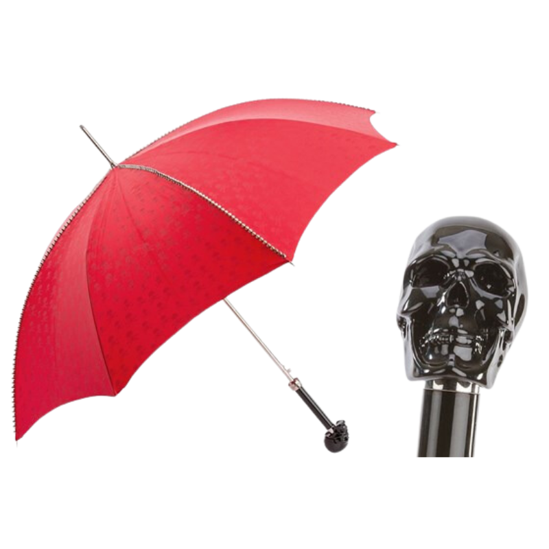 Red Umbrella with Studs and Black Skull Handle