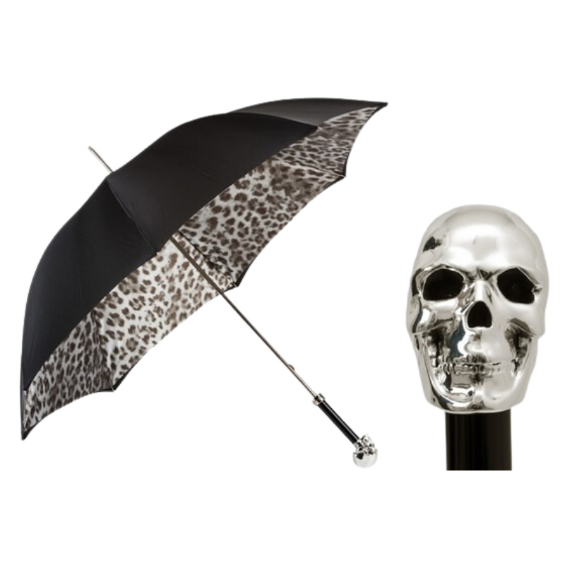 Black and White Animalier Umbrella with Silver Skull Handle, Double Cloth