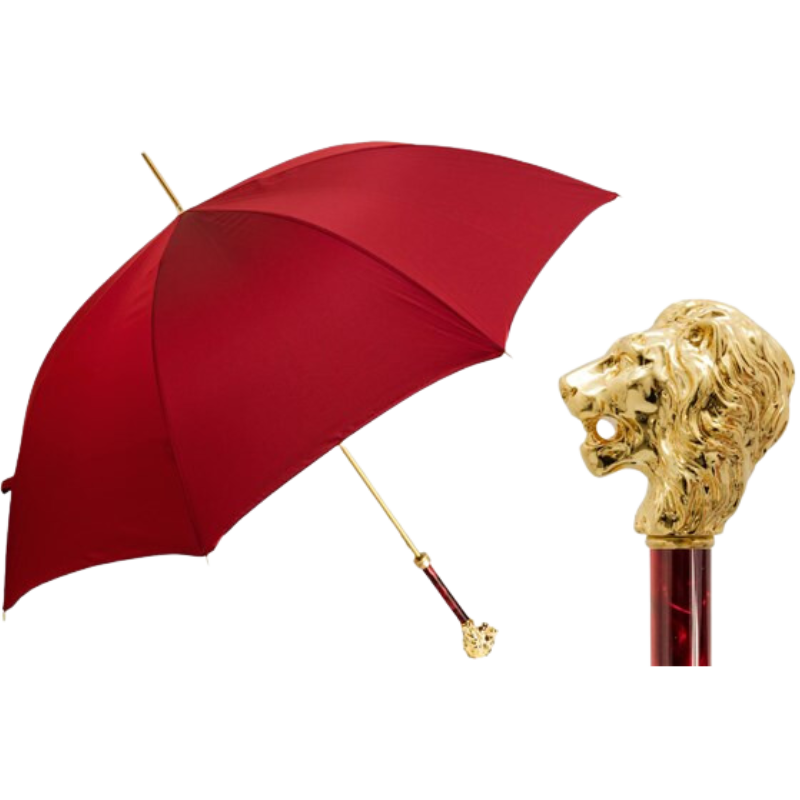 Red Umbrella with Gold Lion Handle, with Case and Ring