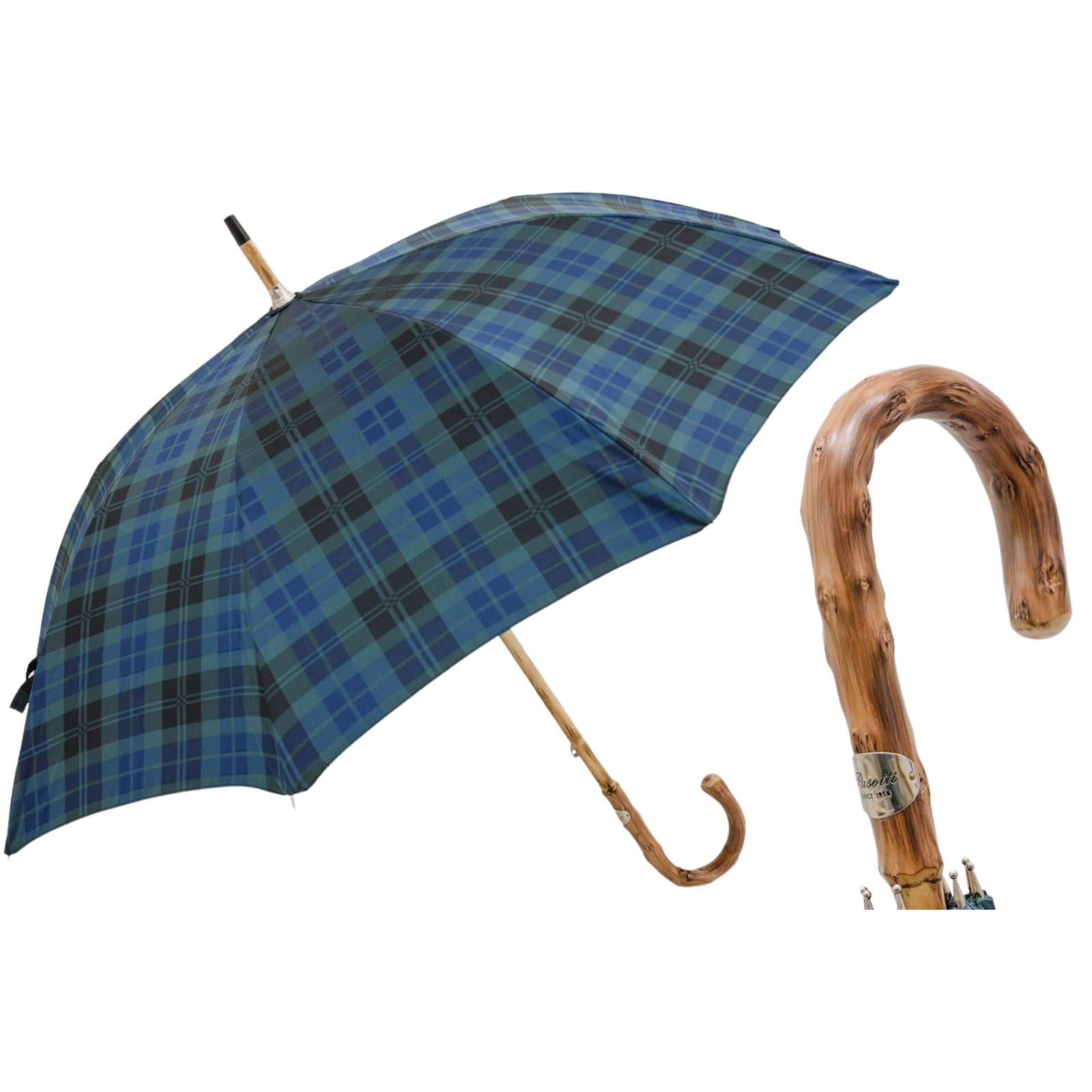 Blue Check Umbrella with Wooden Handle