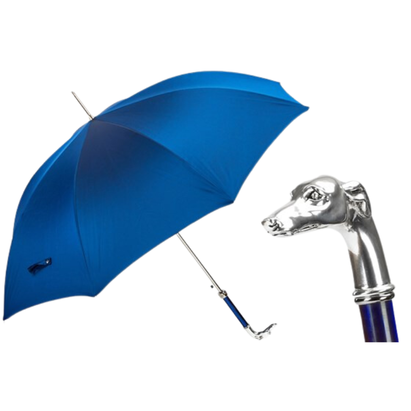 Blue Umbrella, Silver Greyhound Handle