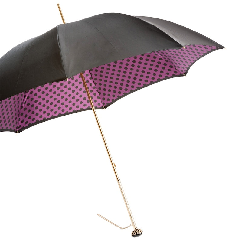 Black Umbrella with Purple Dots Interior Double Cloth