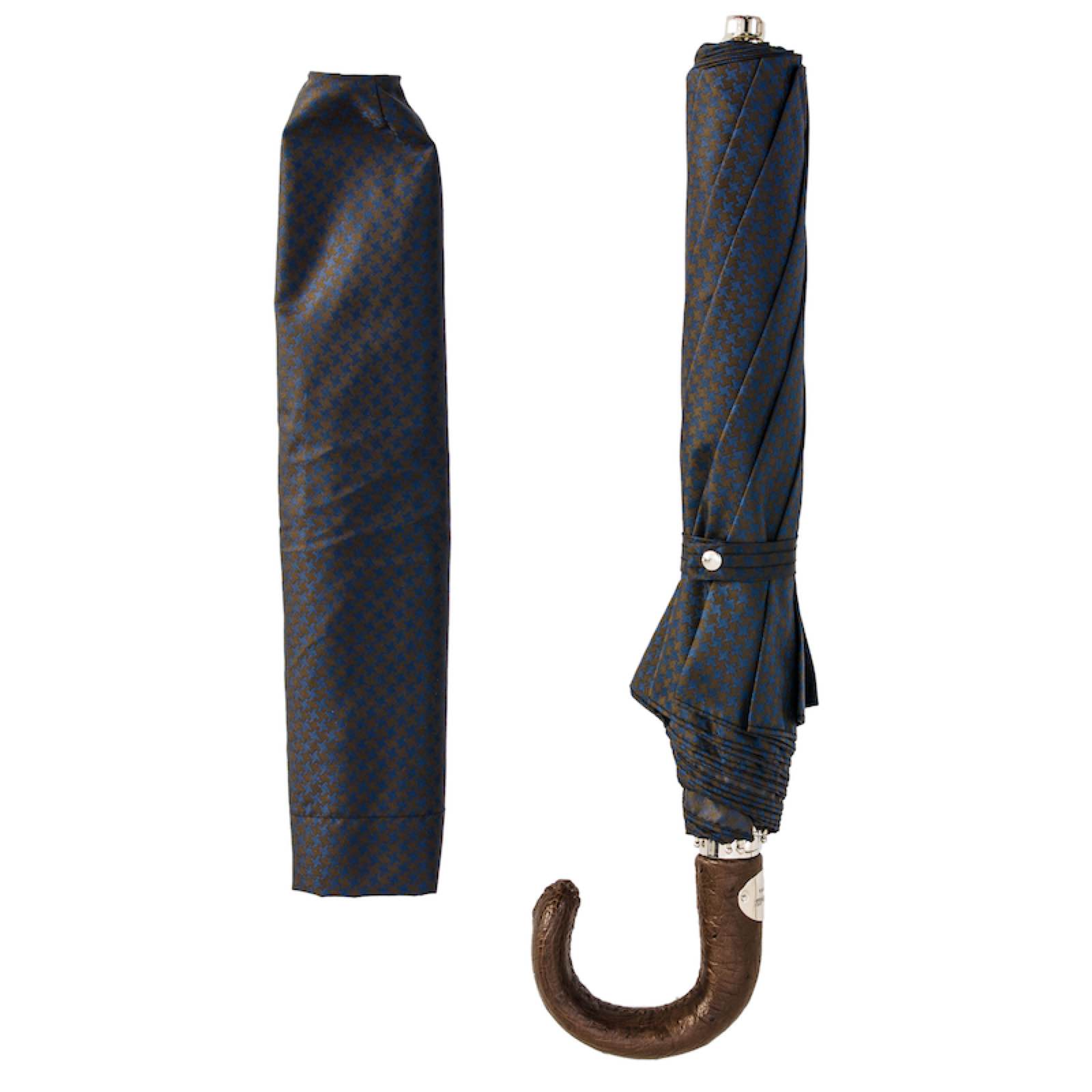 Brown & Navy Folding Umbrella with Ostrich Leather