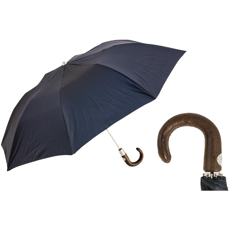 Brown & Navy Folding Umbrella with Ostrich Leather