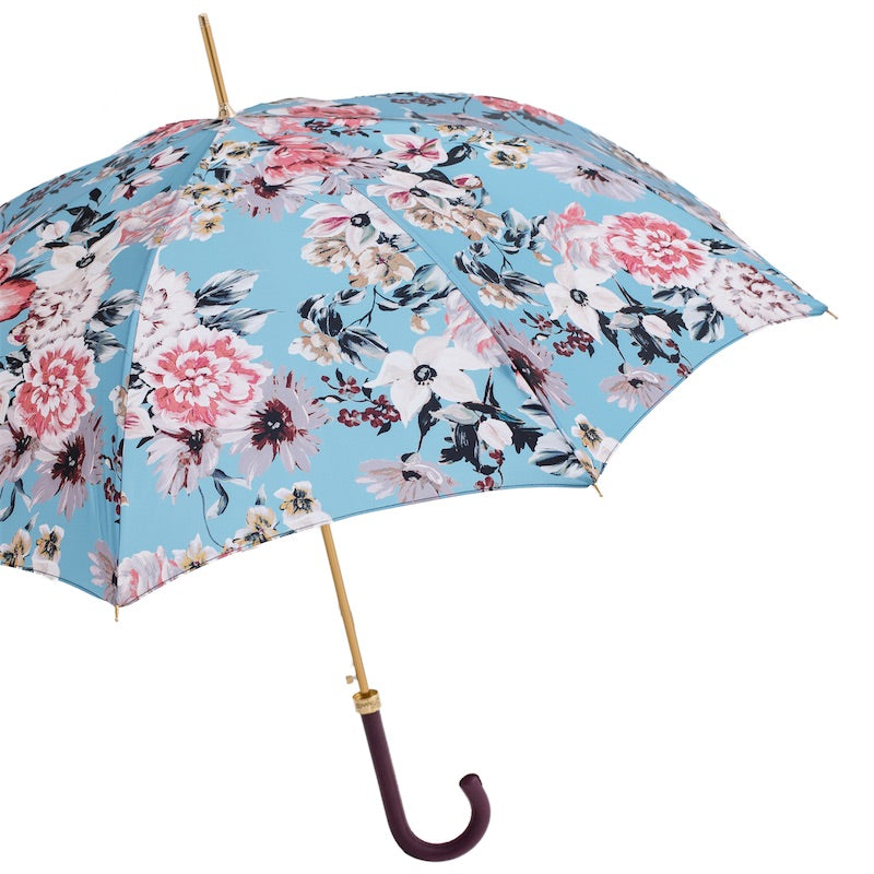 Flowered Umbrella with Burgundy Leather Handle - Umbrella