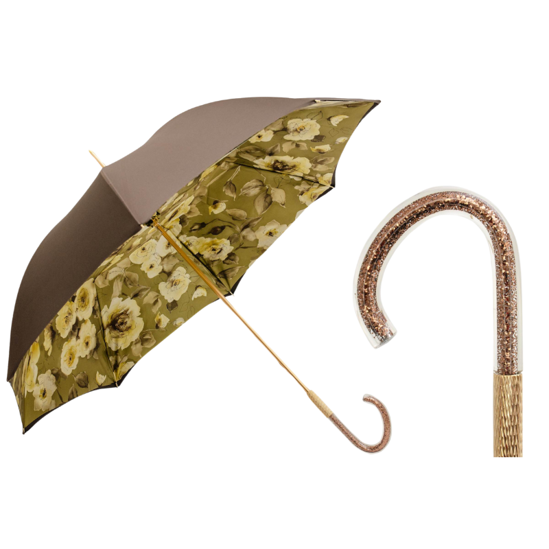 Khaki Umbrella with Flowers and Glitter - Umbrella