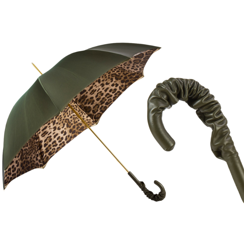 Leopard Print Olive Green Umbrella with Ruched Leather