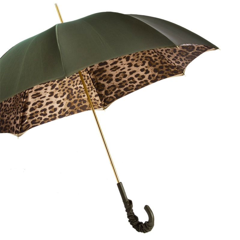 Leopard Print Olive Green Umbrella with Ruched Leather