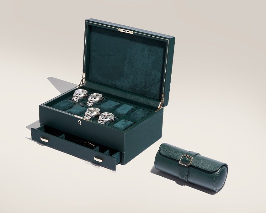 BRITISH RACING 10 PIECE WATCH BOX WITH STORAGE GREEN