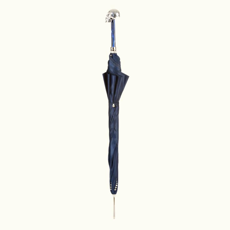 Navy Umbrella with Studs and Silver Skull Handle - Umbrella