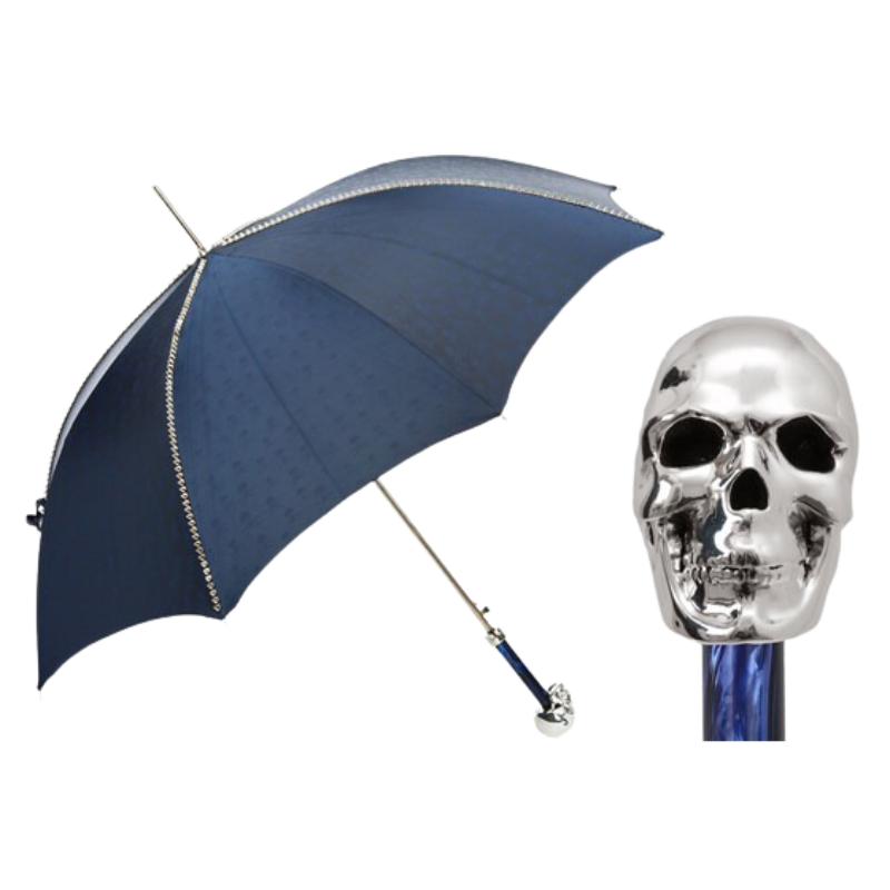 Navy Umbrella with Studs and Silver Skull Handle - Umbrella