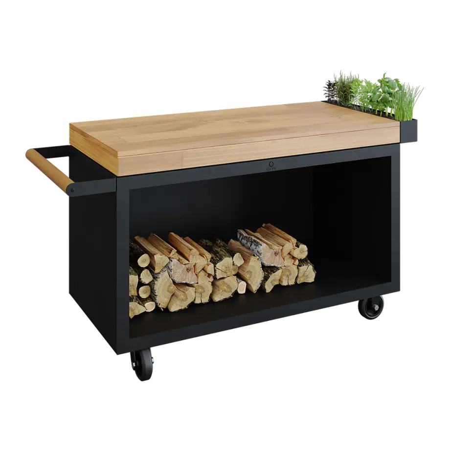 OFYR Grill Mise en Place Table Black 135 PRO Teak Wood base