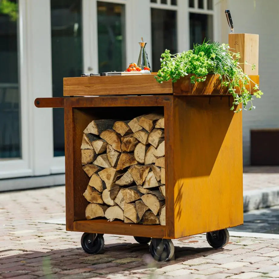 OFYR Grill Mise en Place Table Corten 65 PRO Teak Wood