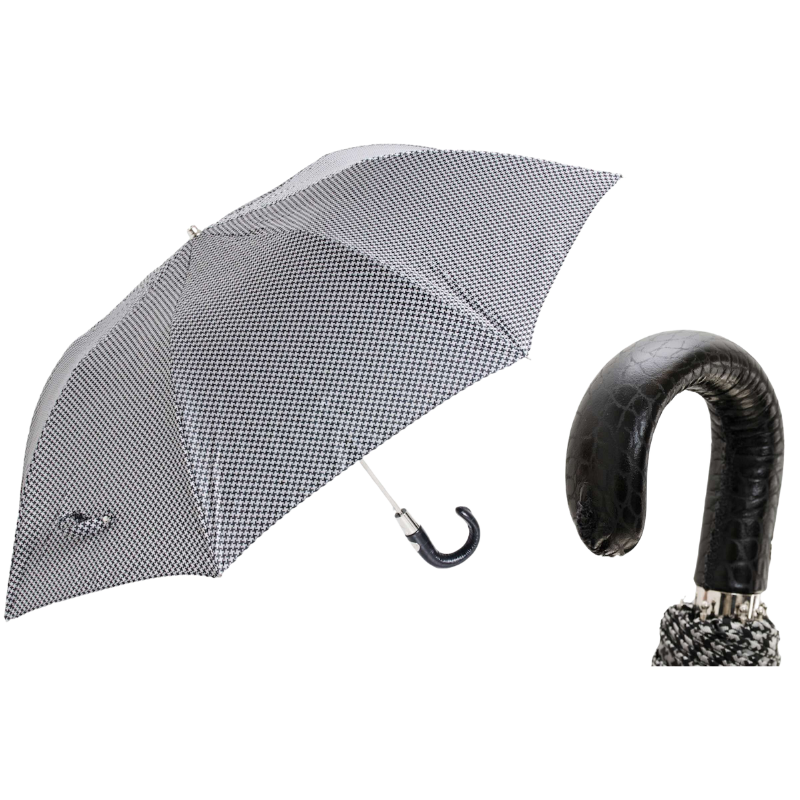 Pied de Poule Folding Umbrella with Leather Handle