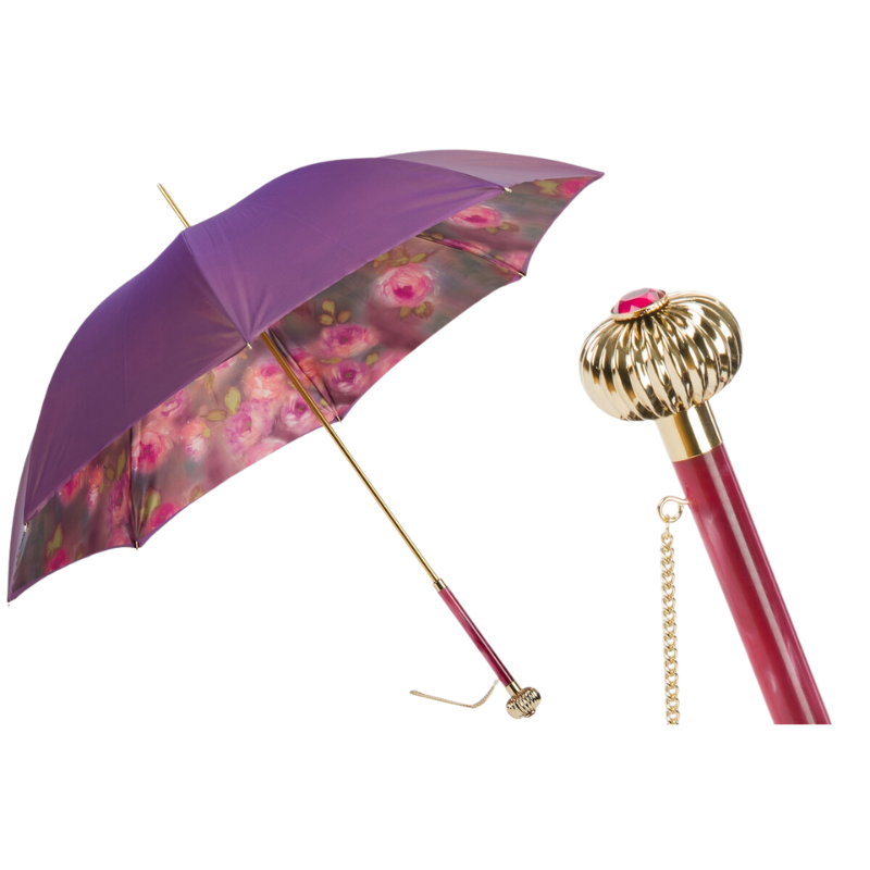 Purple Umbrella With Roses Printed Interior Double Cloth