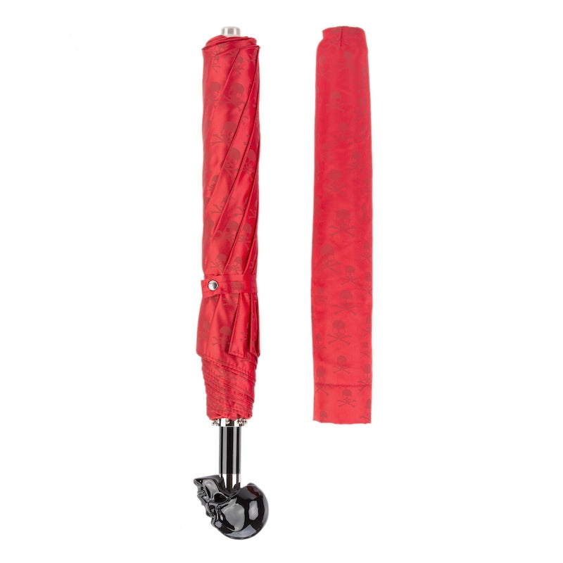 Red Folding Umbrella with Black Skull Handle - Umbrella