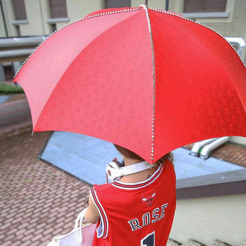 Red Umbrella with Studs and Black Skull Handle - Umbrella