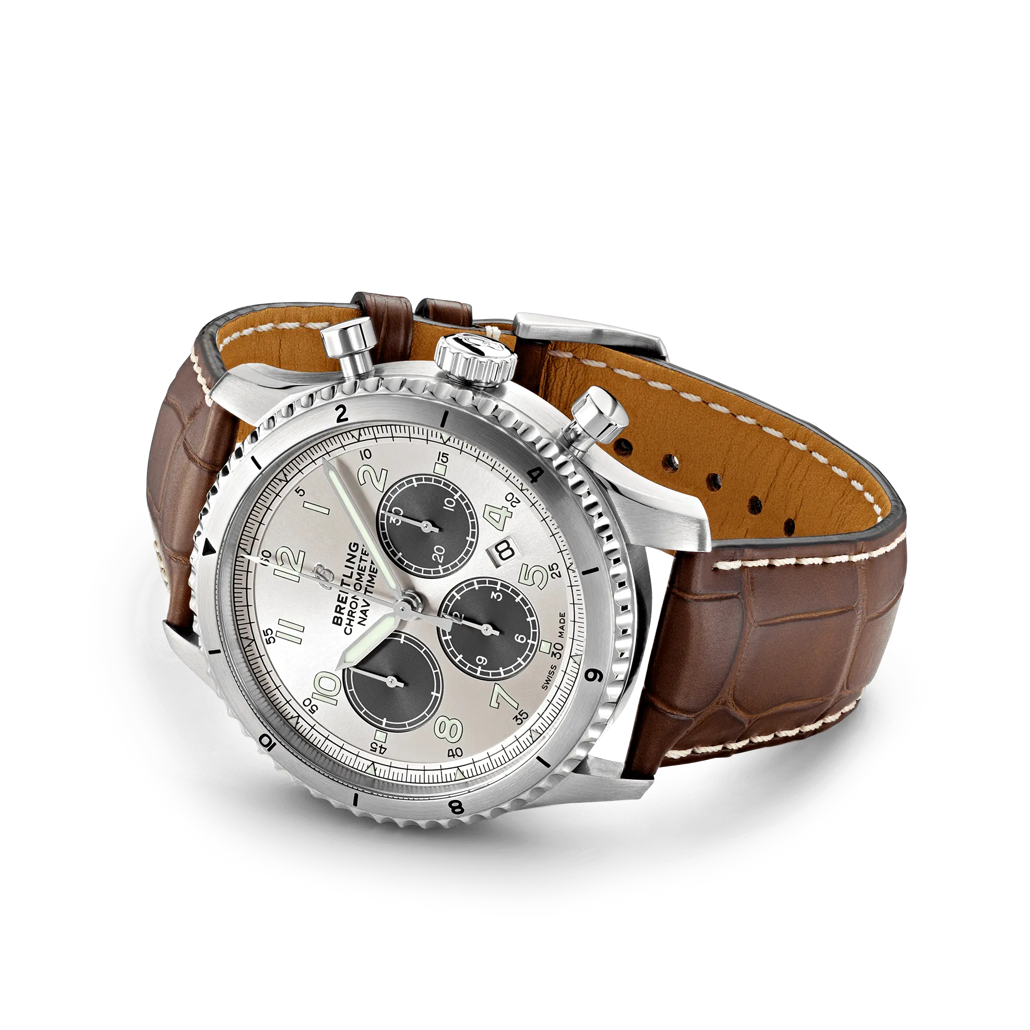 Wrist watch with brown crocodile strap with tang buckle.